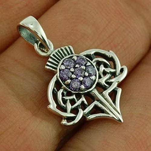 Small Thistle Silver Pendant set w/ Amethyst CZ