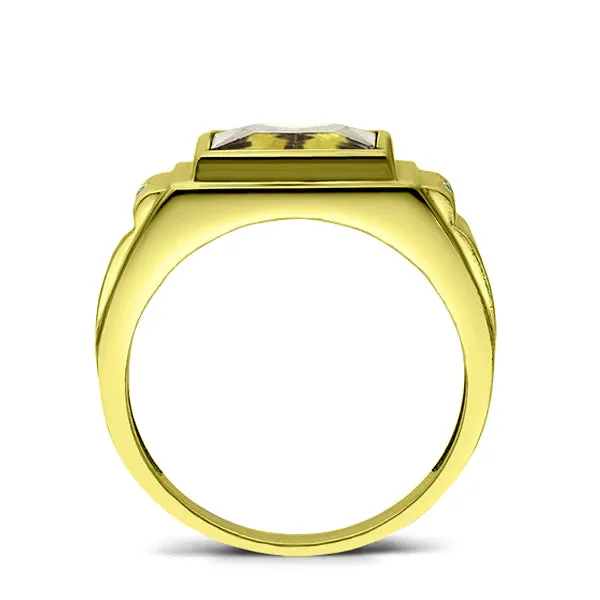 Solitaire Citrine Yellow Stone 18kt Gold Plated Mens Ring With 2 Diamond Accents