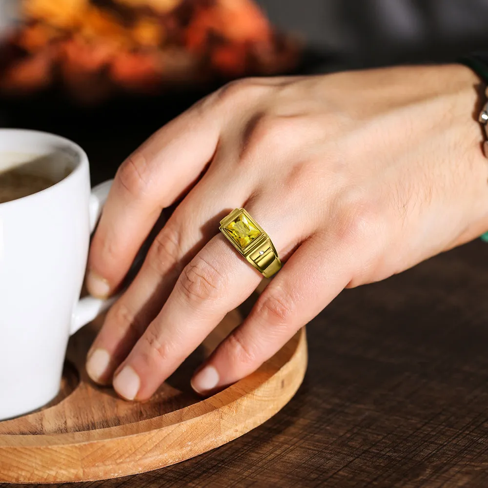 Solitaire Citrine Yellow Stone 18kt Gold Plated Mens Ring With 2 Diamond Accents