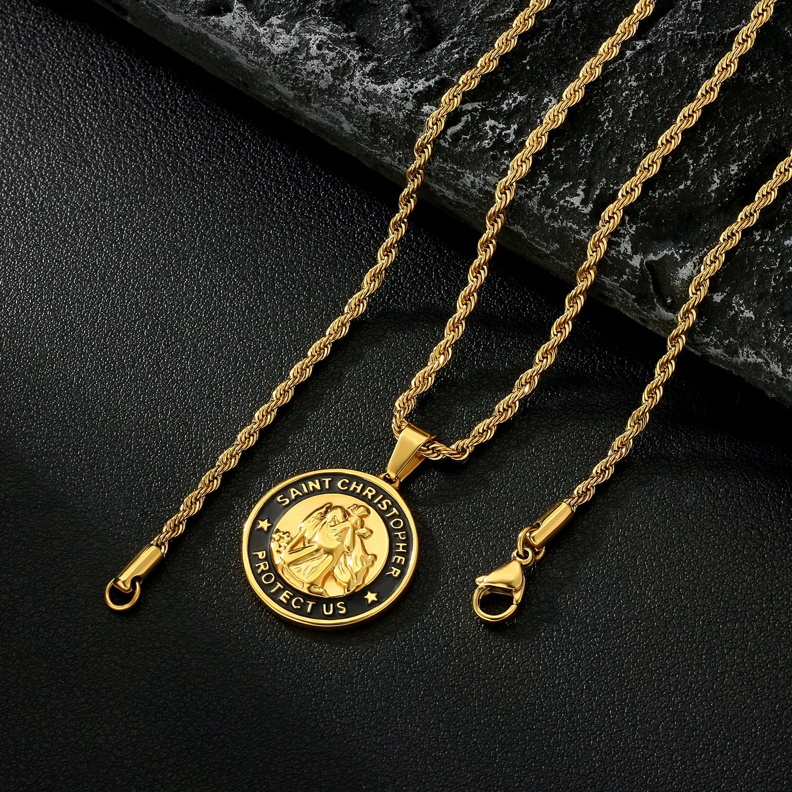 St Christopher Black & Gold Coin Pendant Necklace with Rope Chain for Men