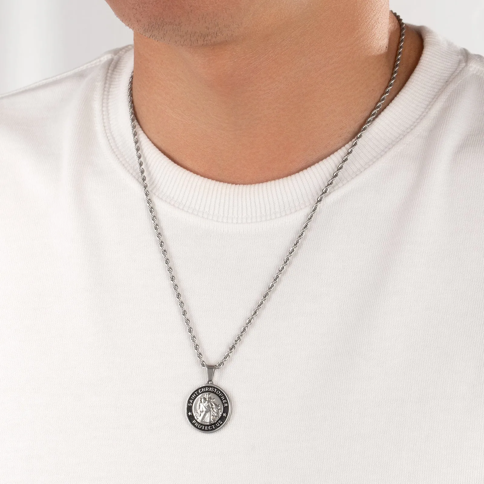 St Christopher Black & Gold Coin Pendant Necklace with Rope Chain for Men