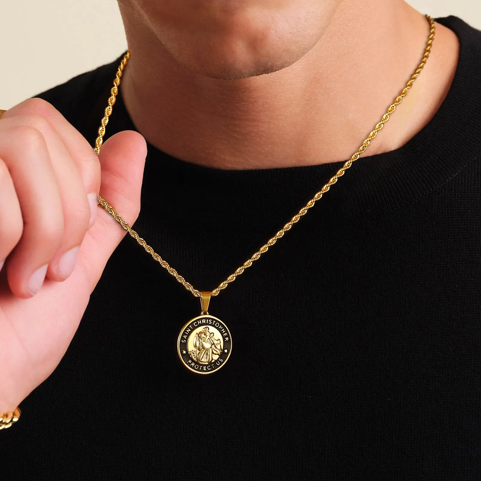 St Christopher Black & Gold Coin Pendant Necklace with Rope Chain for Men