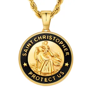 St Christopher Black & Gold Coin Pendant Necklace with Rope Chain for Men