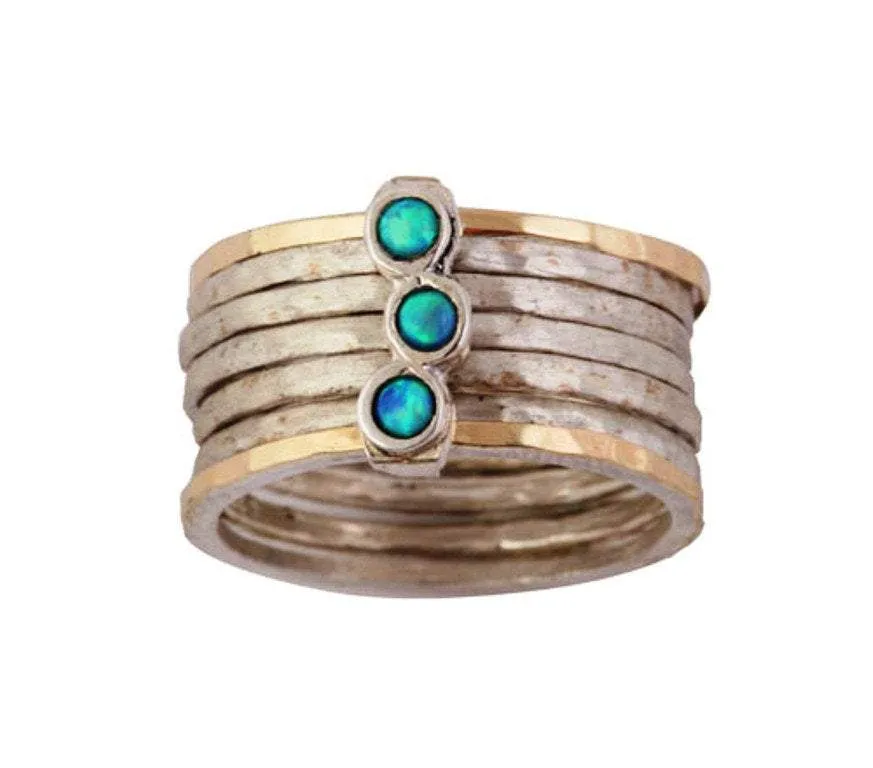 Stacking rings for woman, silver and gold blue opals rings. Israeli Handmade jewelry