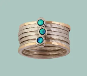 Stacking rings for woman, silver and gold blue opals rings. Israeli Handmade jewelry