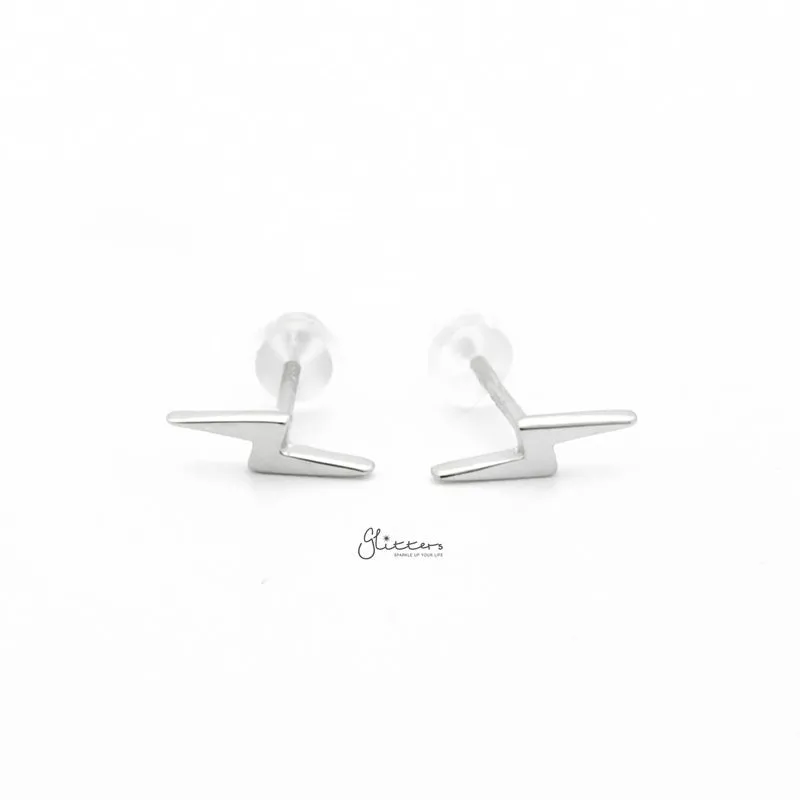 Sterling Silver Lightning Bolt Stud Earrings - Silver