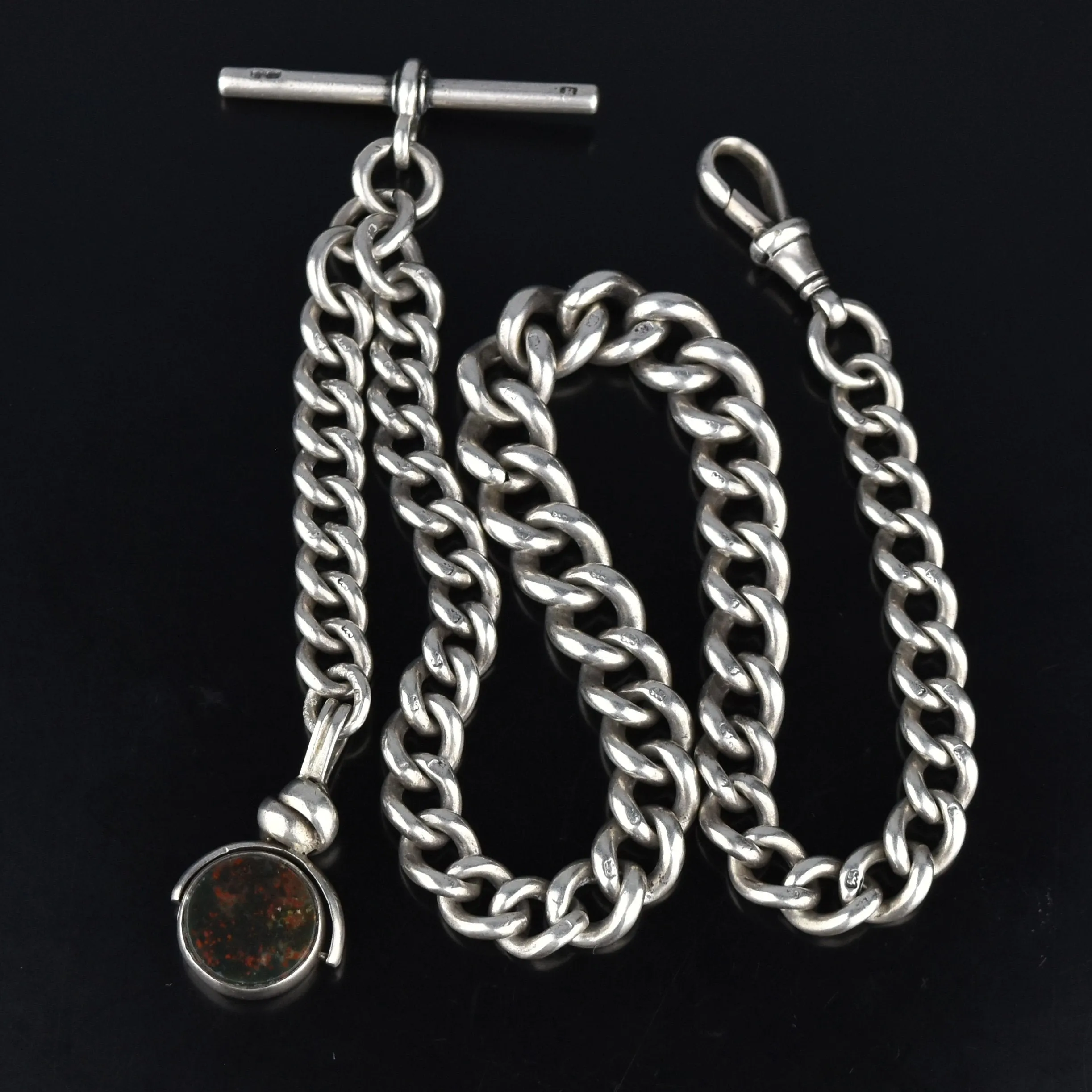 Sterling Silver Pocket Watch Chain w Spinner Fob 65.5 gms