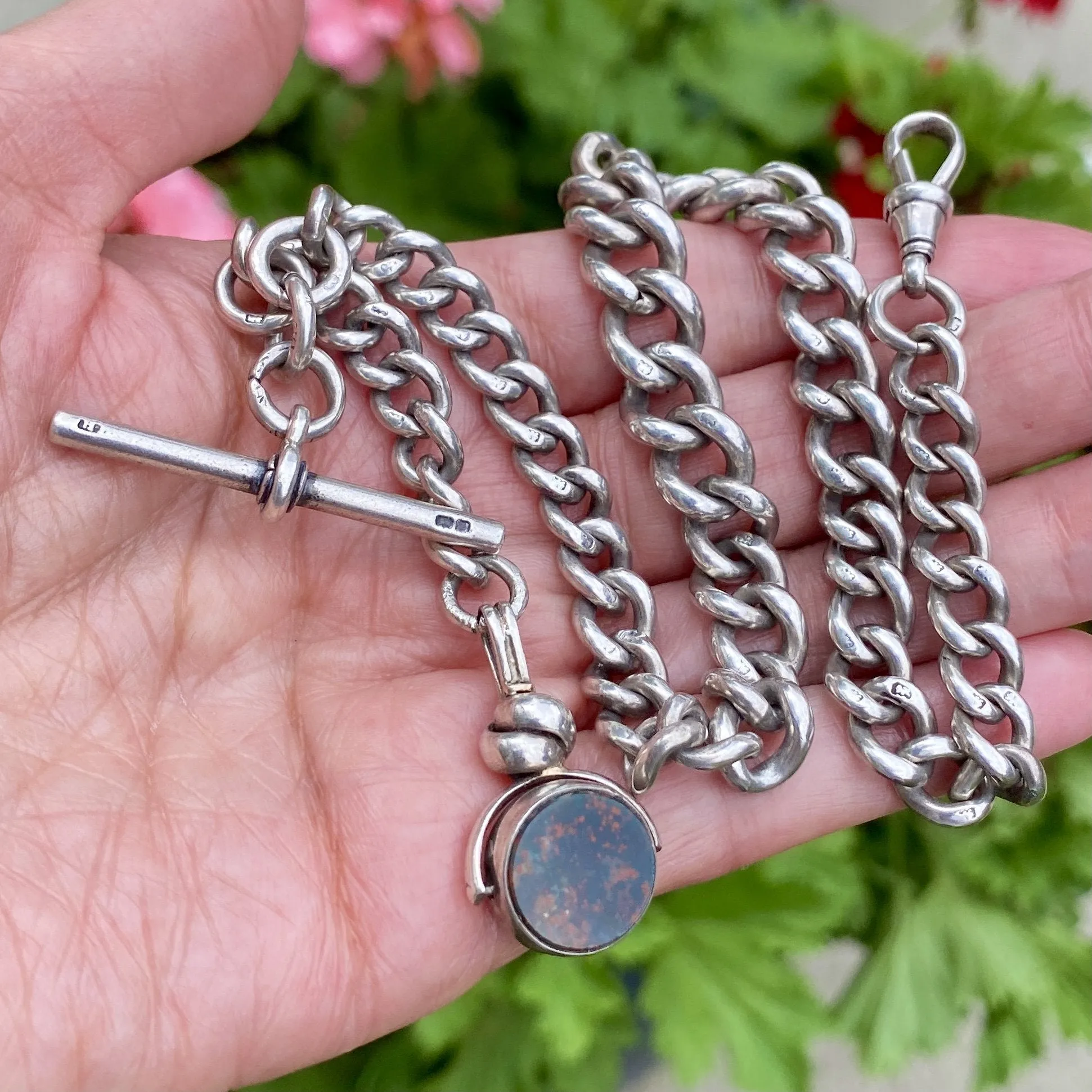 Sterling Silver Pocket Watch Chain w Spinner Fob 65.5 gms