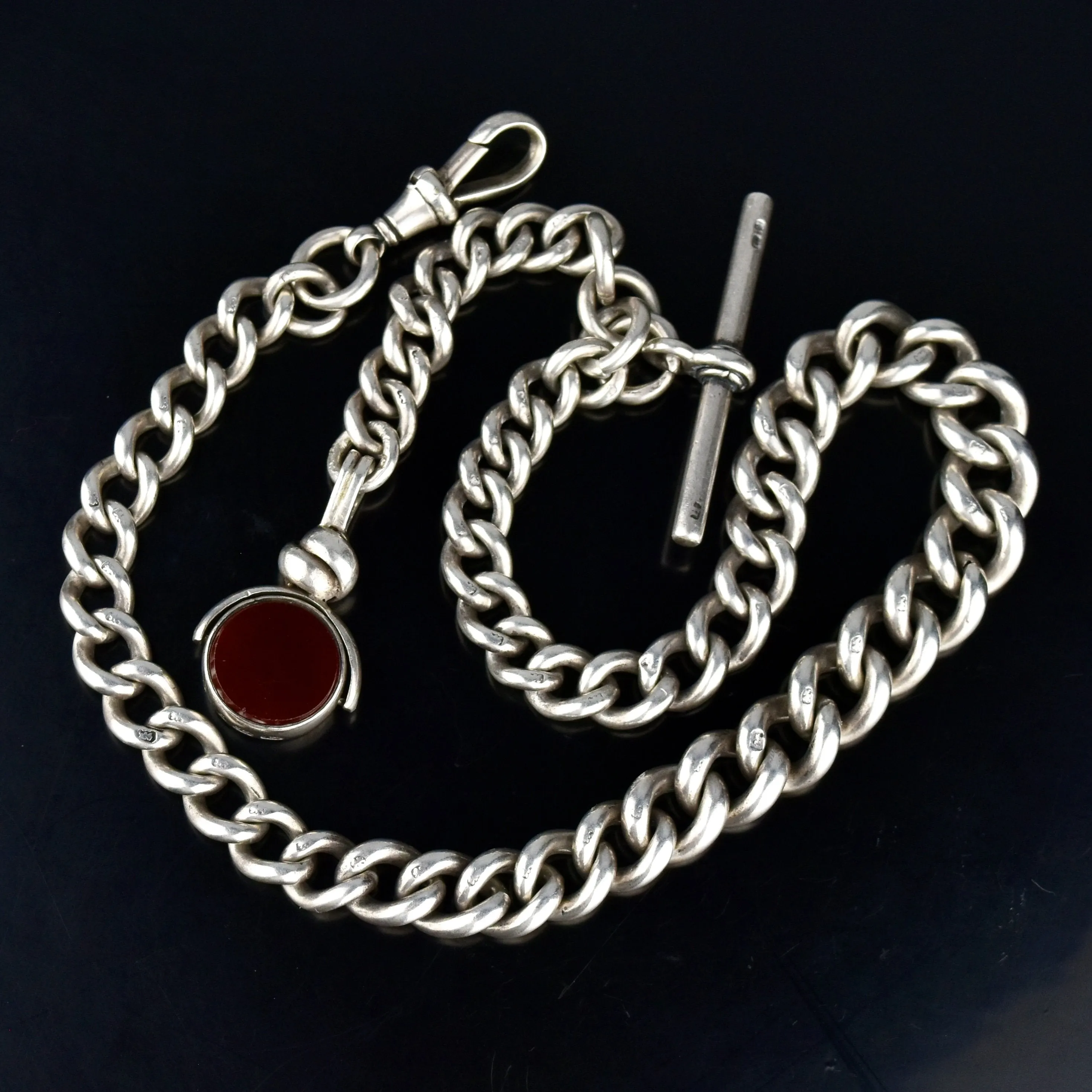 Sterling Silver Pocket Watch Chain w Spinner Fob 65.5 gms