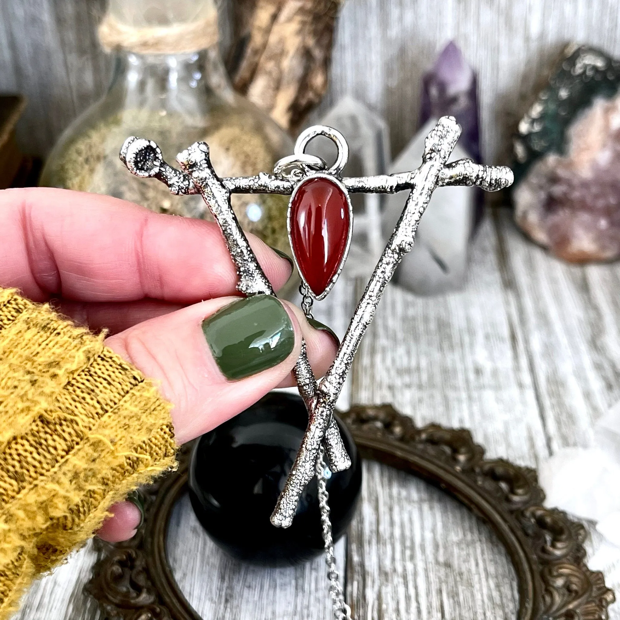 Sticks & Stones Crystal Necklace Pendant Carnelian Necklace / Big Crystal Necklace Silver