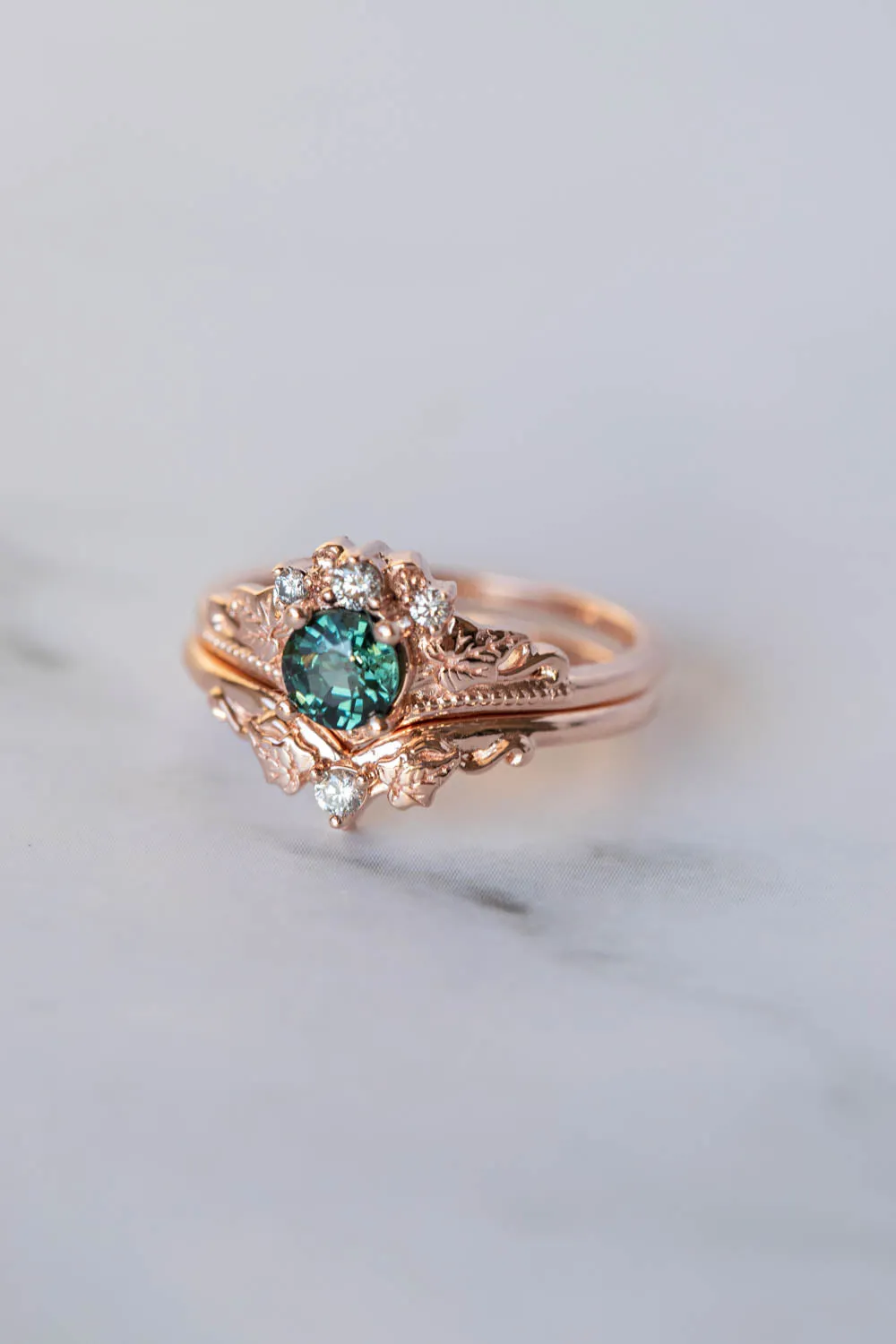 Teal sapphire bridal ring set, rose gold engagement ring with sapphire and diamonds  / Ariadne