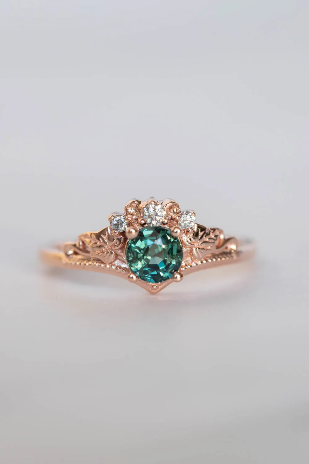 Teal sapphire bridal ring set, rose gold engagement ring with sapphire and diamonds  / Ariadne