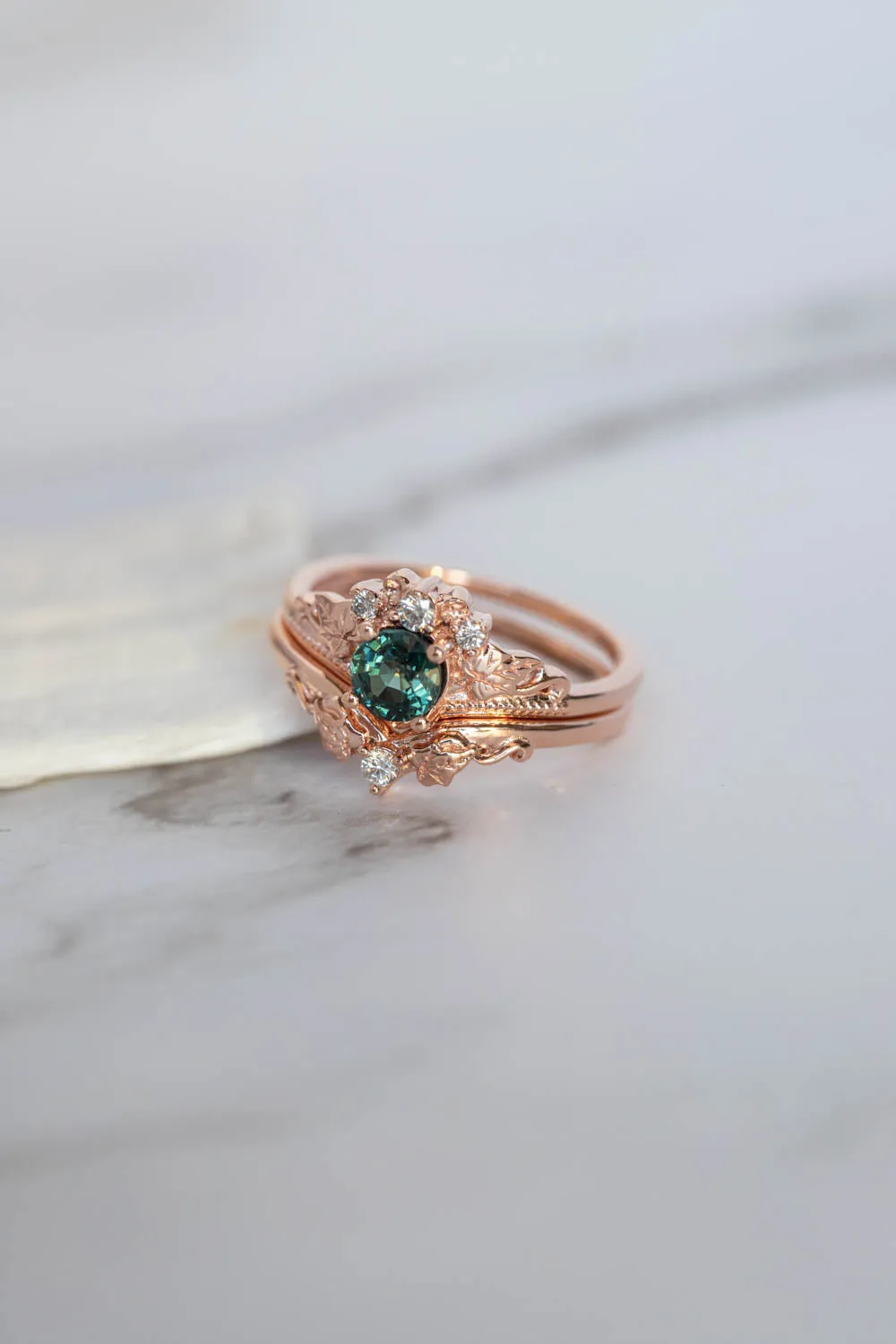 Teal sapphire bridal ring set, rose gold engagement ring with sapphire and diamonds  / Ariadne