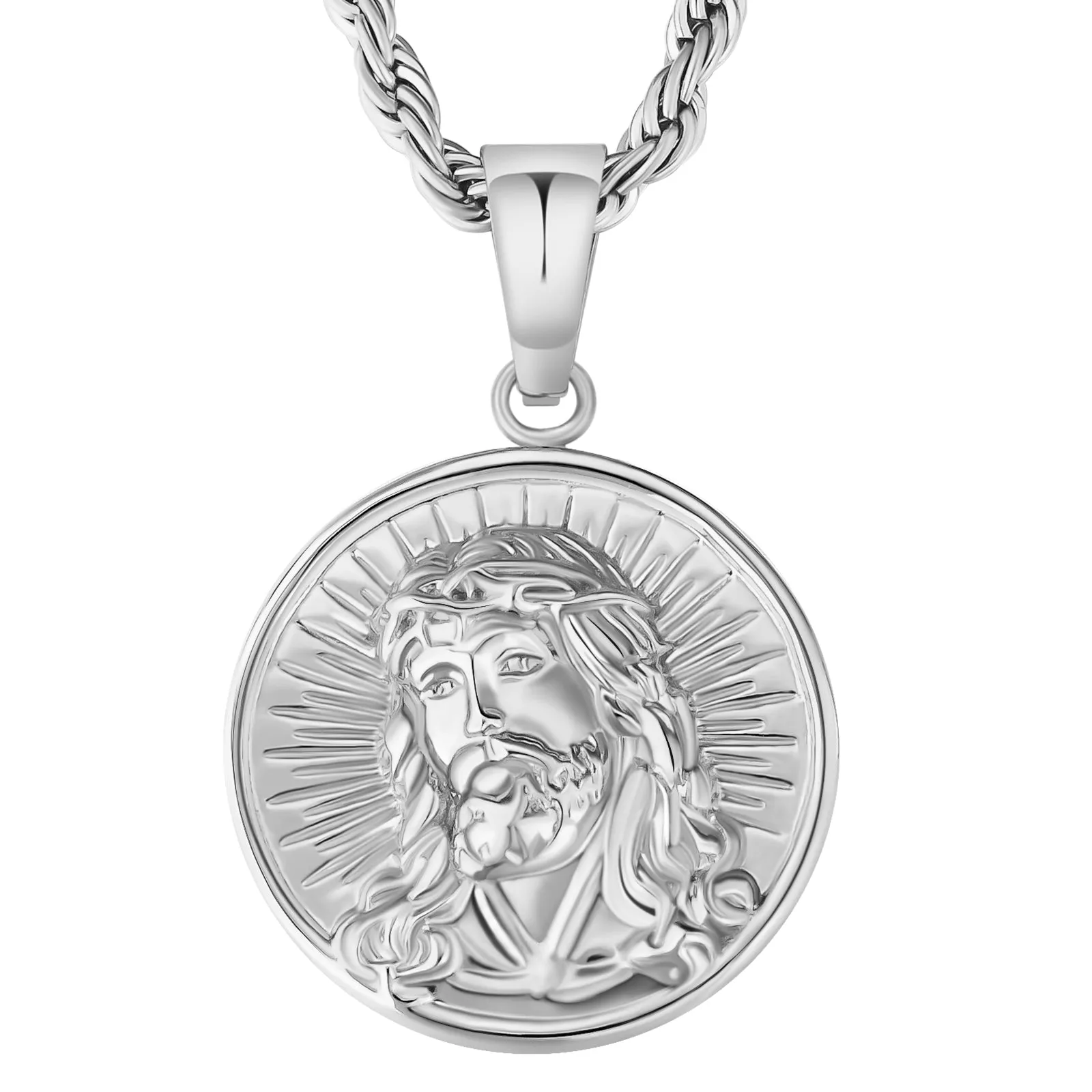 The light of Jesus Gold Coin Pendant Necklace with Rope Chain for Men