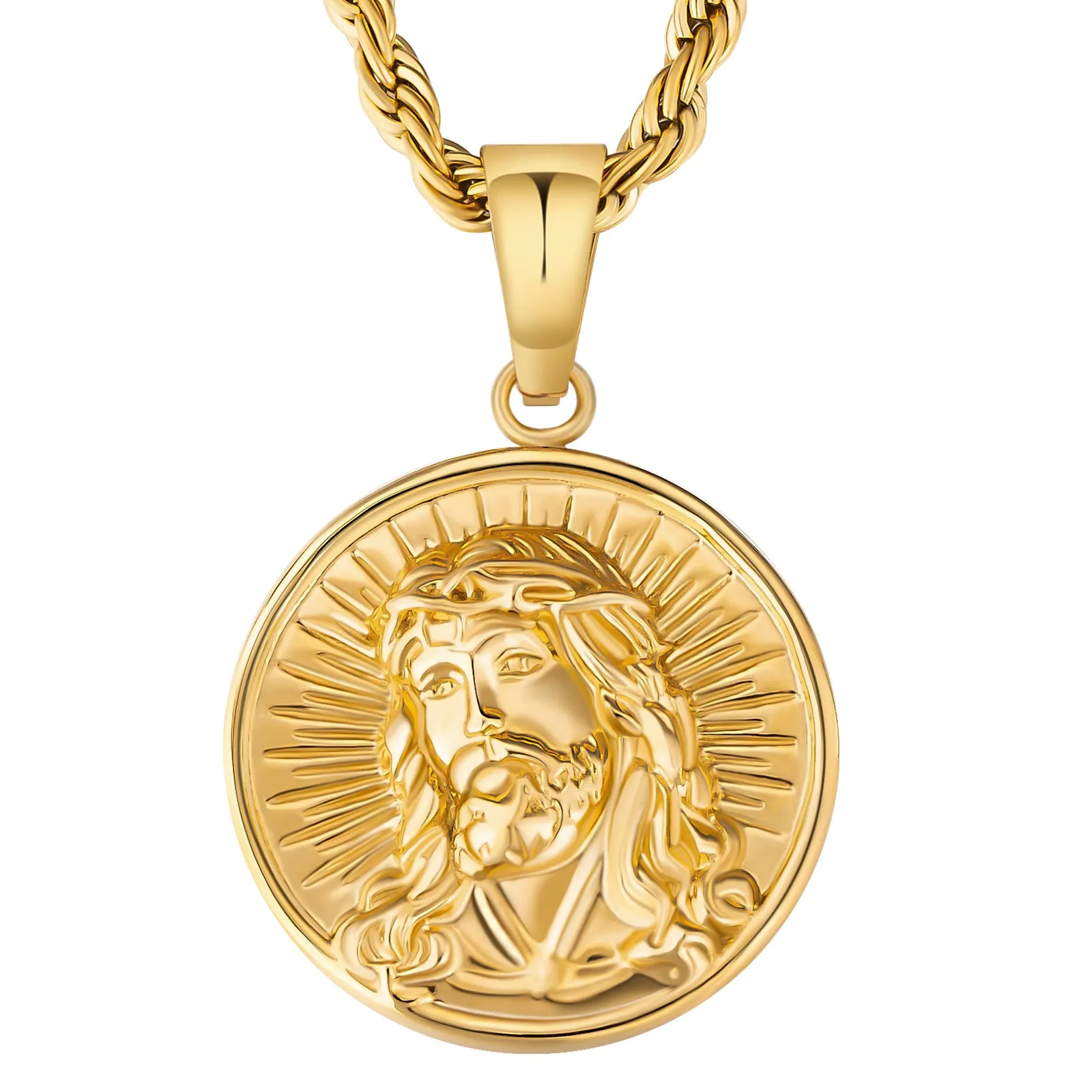 The light of Jesus Gold Coin Pendant Necklace with Rope Chain for Men