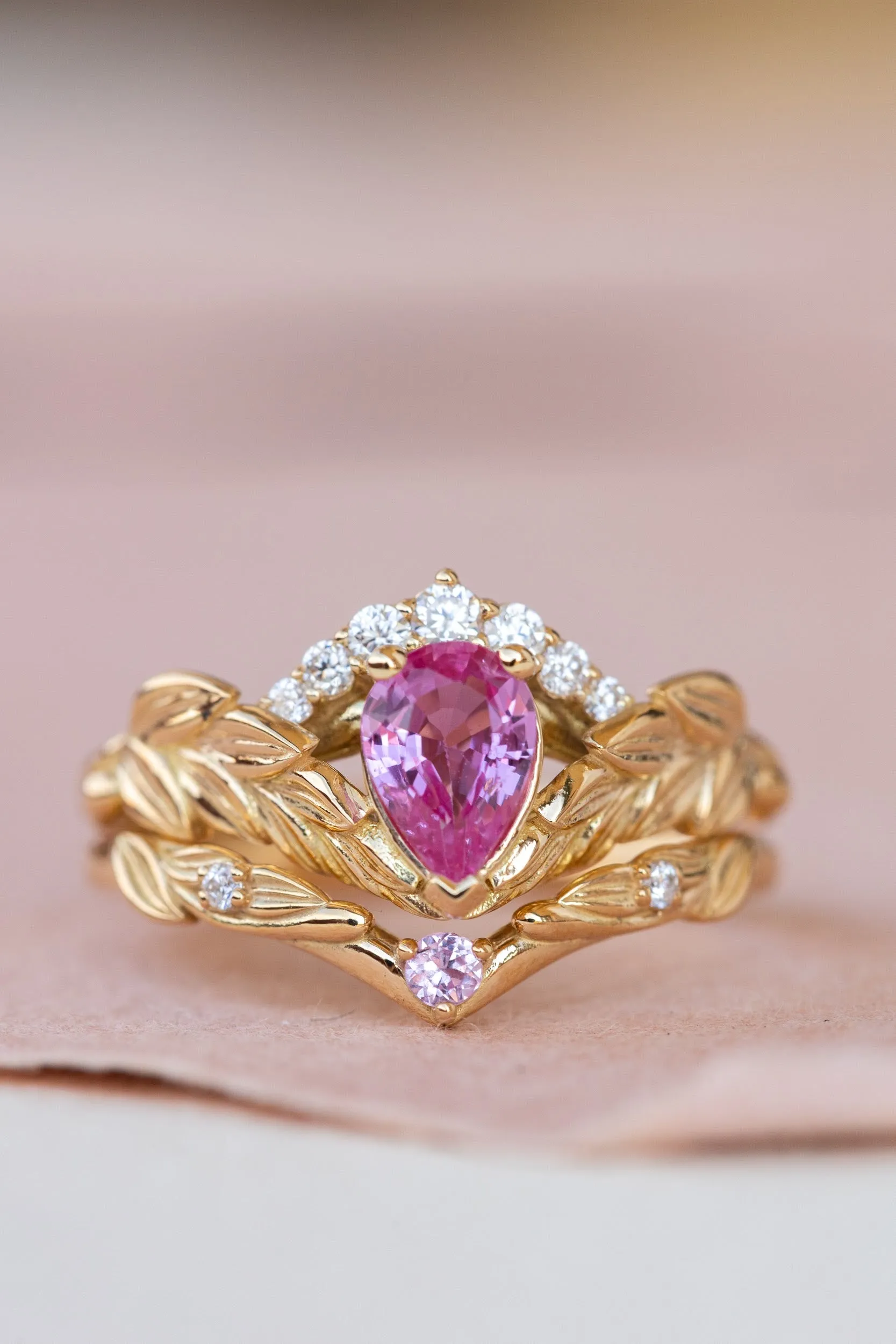 Wedding rings set for couple: palm leaf wedding band for him, Palmira crown ring set with natural pink sapphire for her