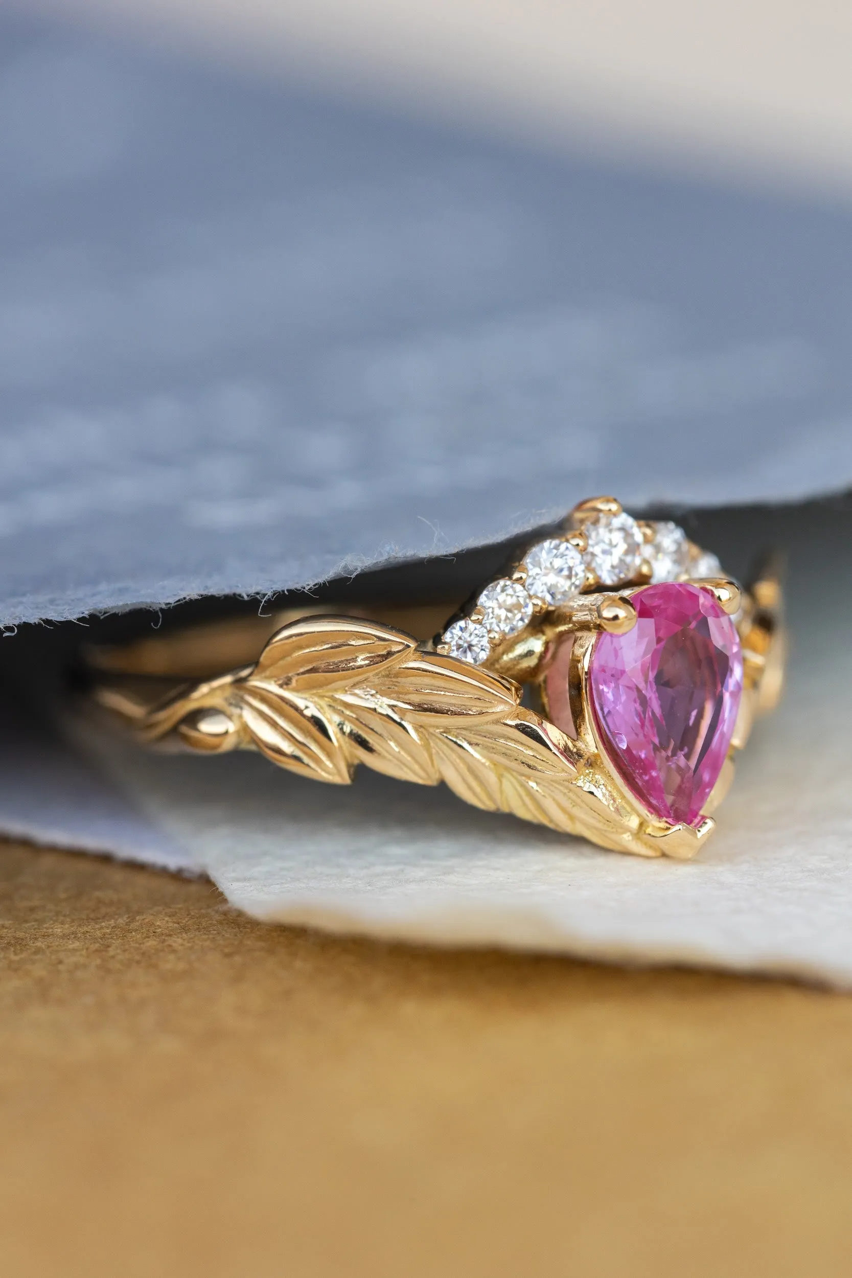 Wedding rings set for couple: palm leaf wedding band for him, Palmira crown ring set with natural pink sapphire for her