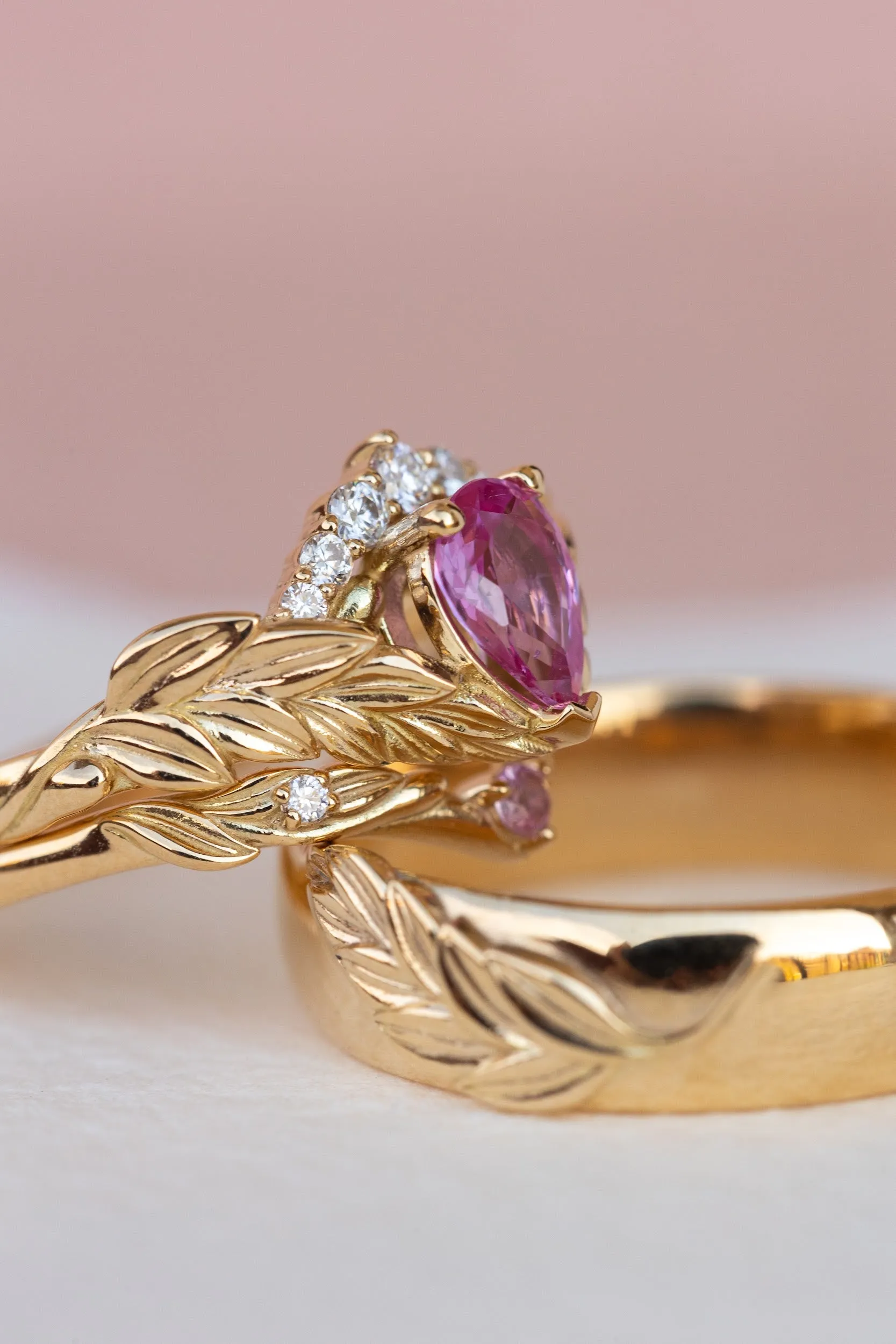 Wedding rings set for couple: palm leaf wedding band for him, Palmira crown ring set with natural pink sapphire for her