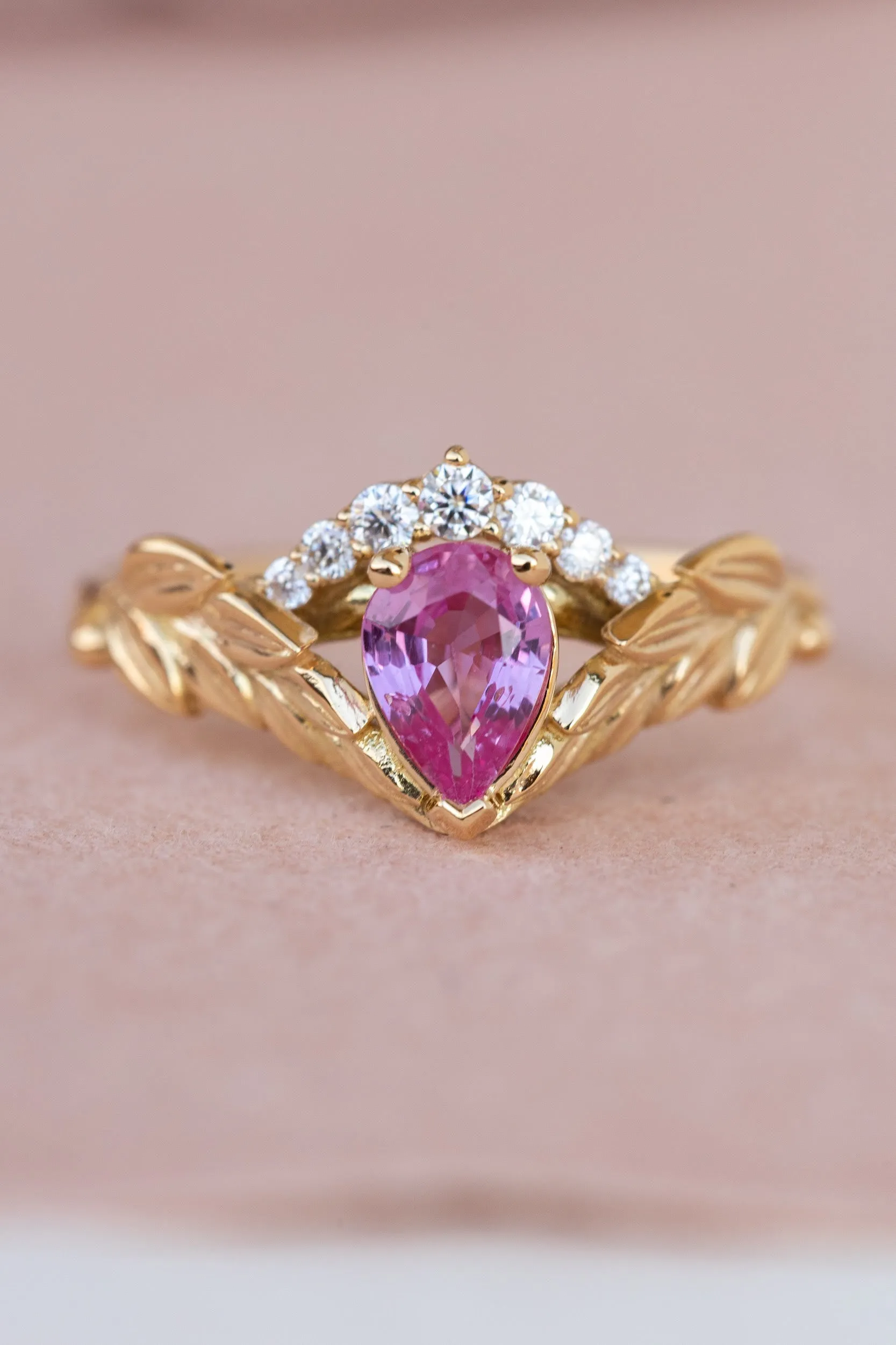 Wedding rings set for couple: palm leaf wedding band for him, Palmira crown ring set with natural pink sapphire for her