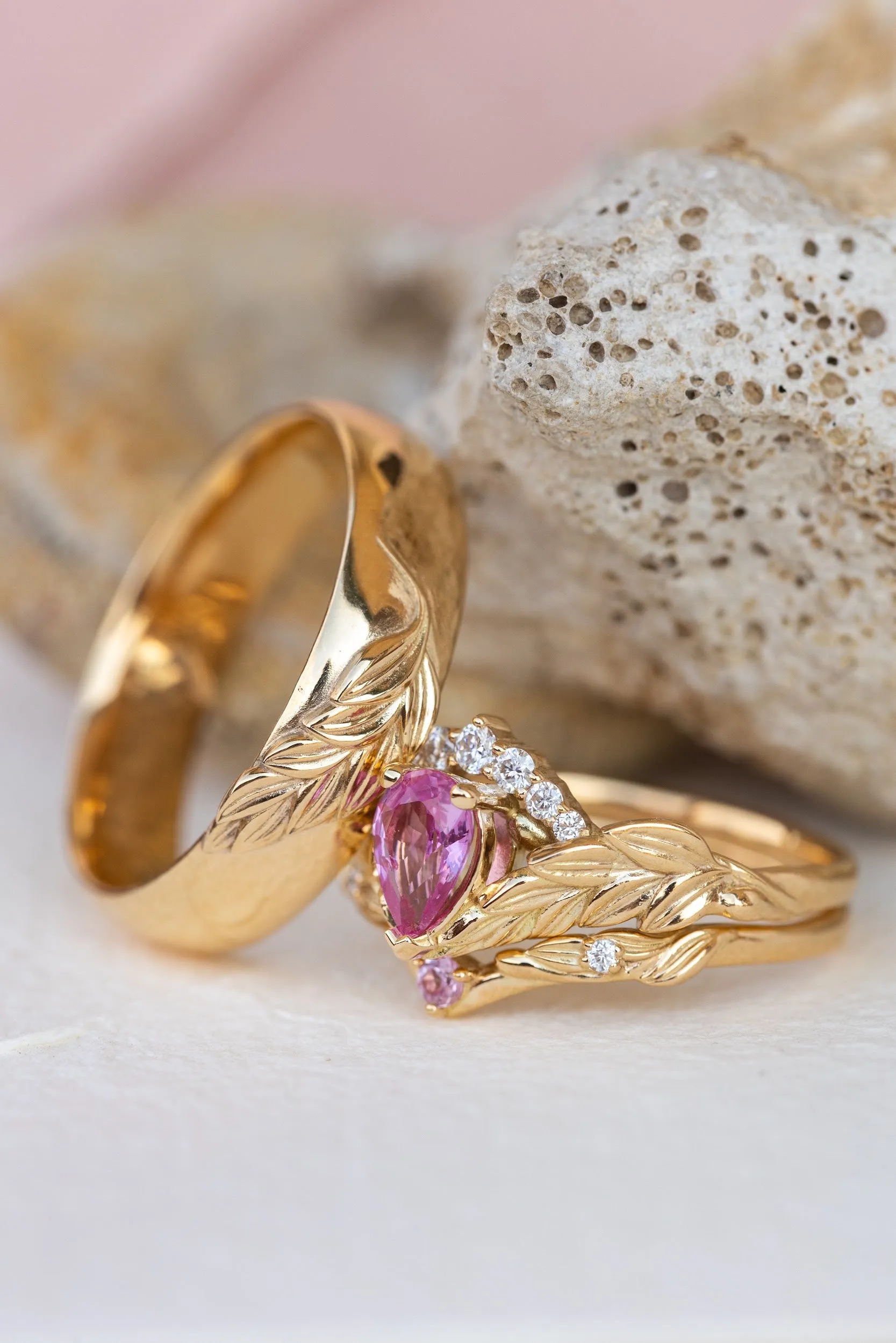 Wedding rings set for couple: palm leaf wedding band for him, Palmira crown ring set with natural pink sapphire for her