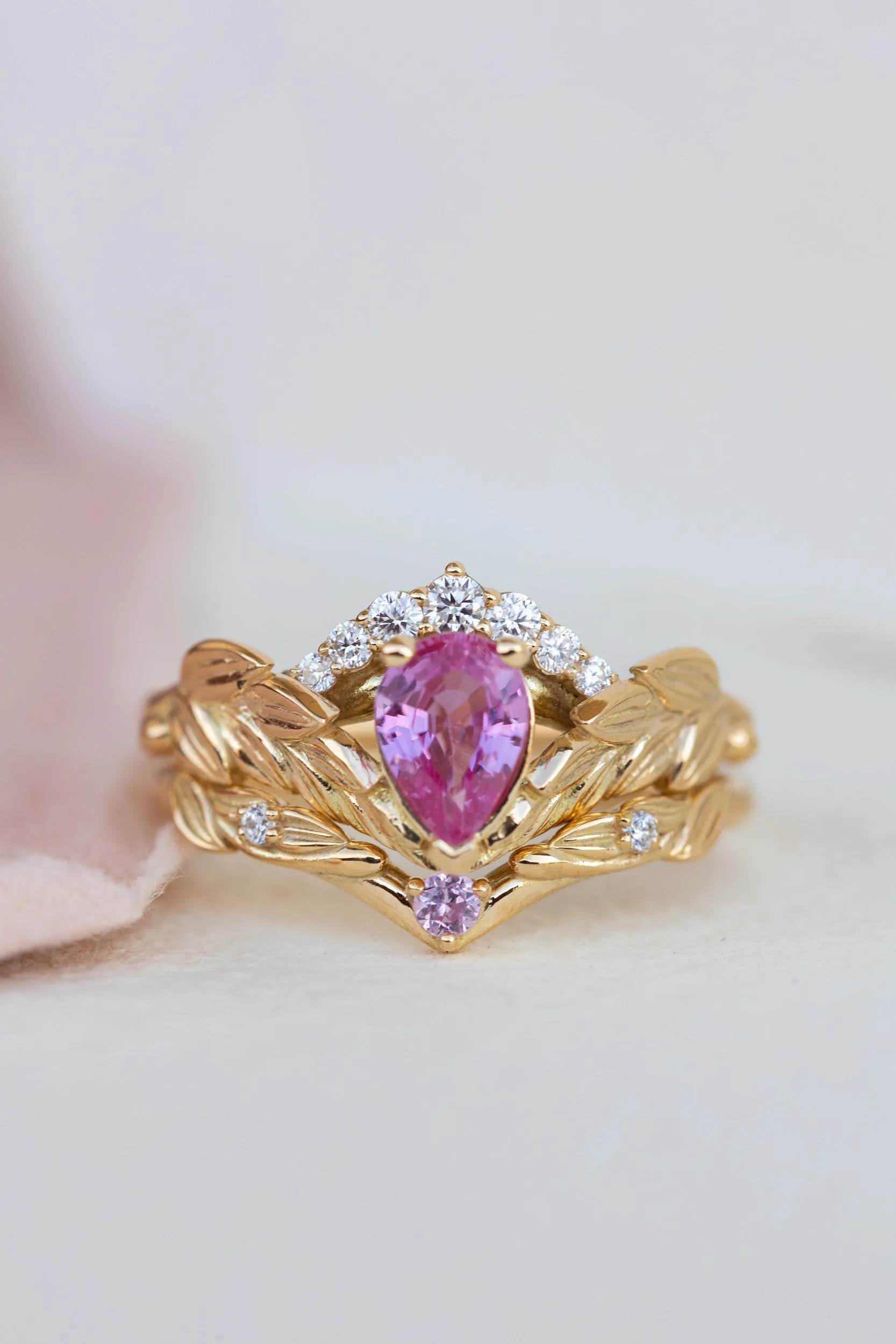 Wedding rings set for couple: palm leaf wedding band for him, Palmira crown ring set with natural pink sapphire for her