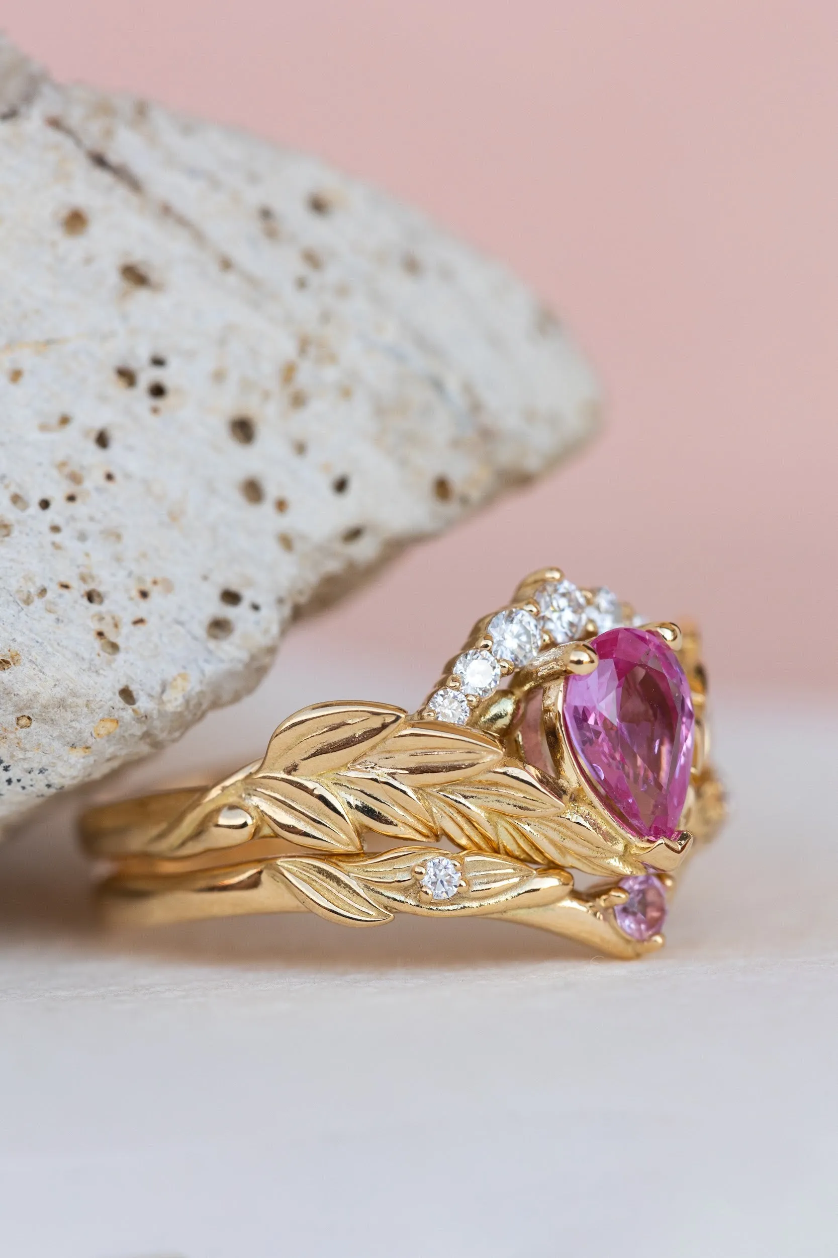 Wedding rings set for couple: palm leaf wedding band for him, Palmira crown ring set with natural pink sapphire for her