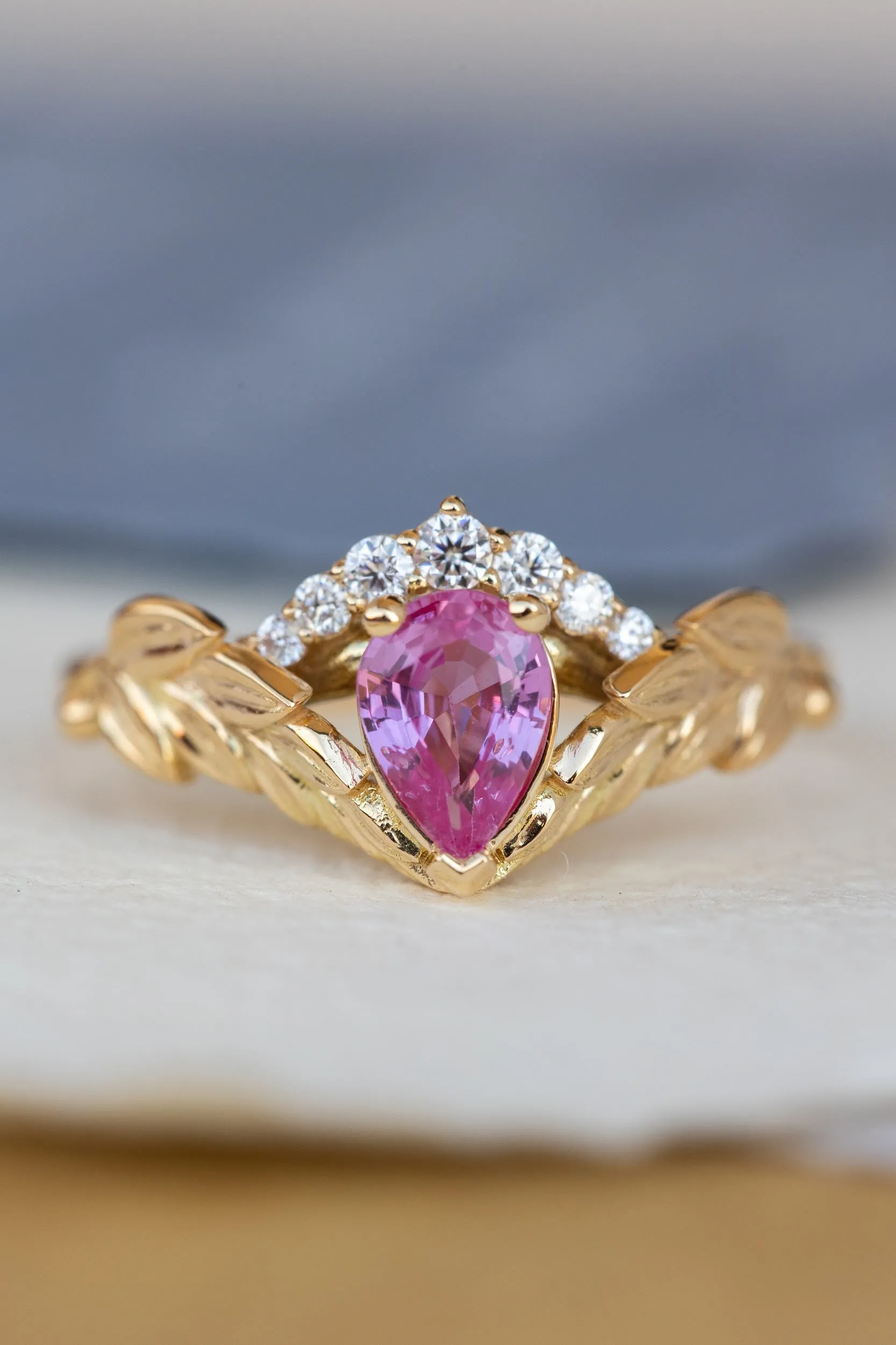 Wedding rings set for couple: palm leaf wedding band for him, Palmira crown ring set with natural pink sapphire for her