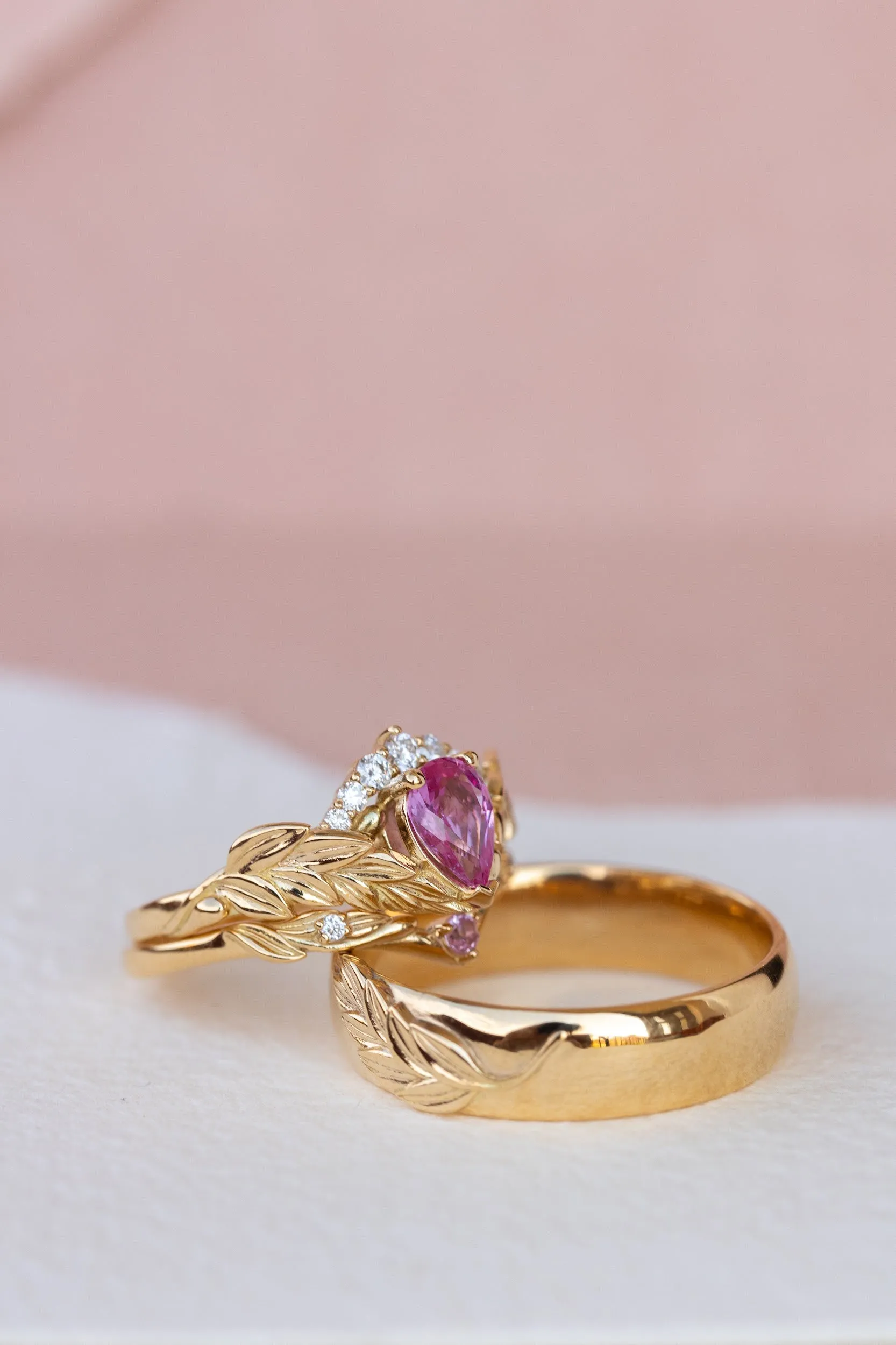 Wedding rings set for couple: palm leaf wedding band for him, Palmira crown ring set with natural pink sapphire for her