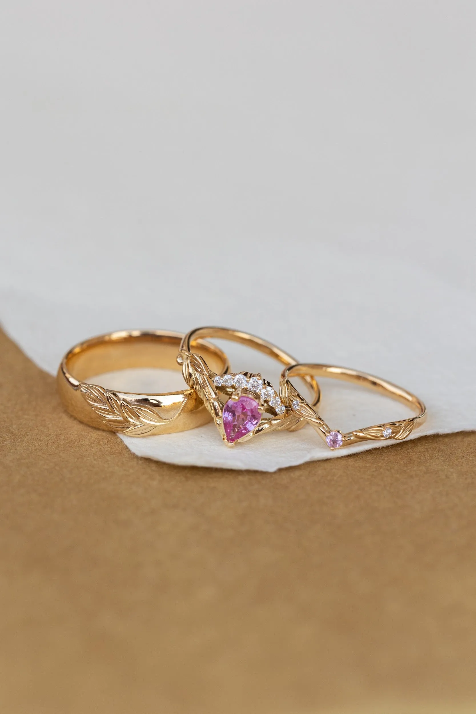 Wedding rings set for couple: palm leaf wedding band for him, Palmira crown ring set with natural pink sapphire for her