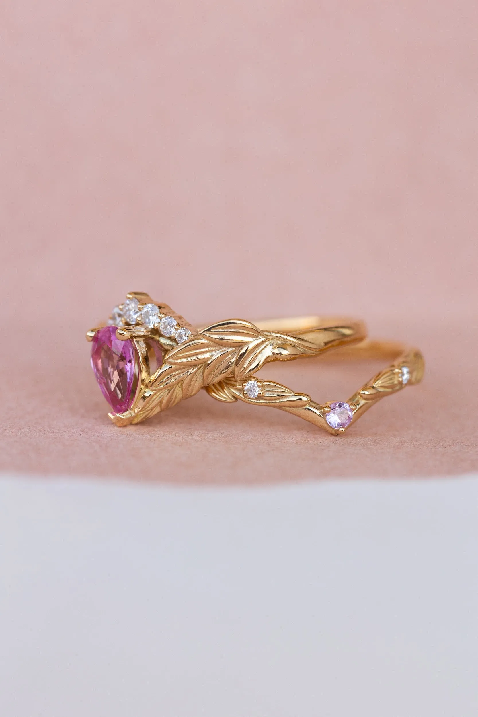 Wedding rings set for couple: palm leaf wedding band for him, Palmira crown ring set with natural pink sapphire for her