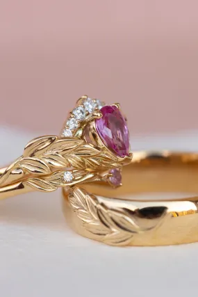 Wedding rings set for couple: palm leaf wedding band for him, Palmira crown ring set with natural pink sapphire for her