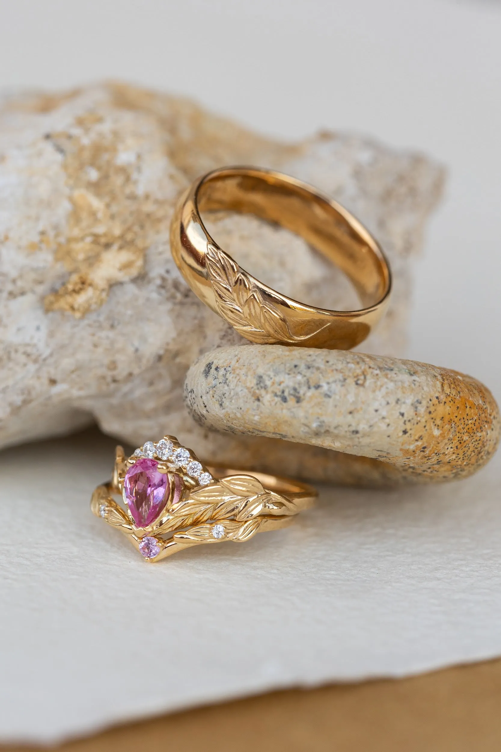 Wedding rings set for couple: palm leaf wedding band for him, Palmira crown ring set with natural pink sapphire for her