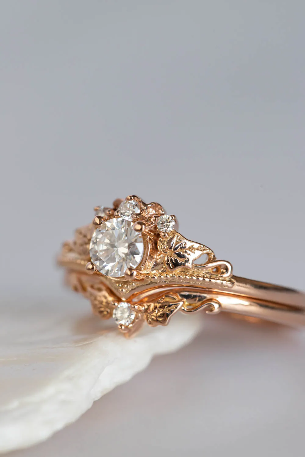 White gold lab grown diamond bridal ring set, gold leaves engagement and wedding rings / Ariadne