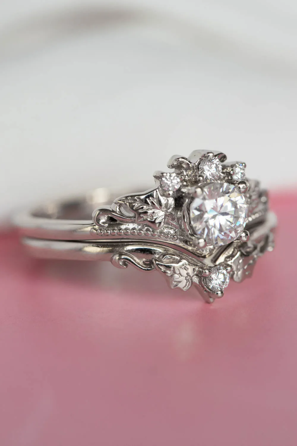 White gold lab grown diamond bridal ring set, gold leaves engagement and wedding rings / Ariadne