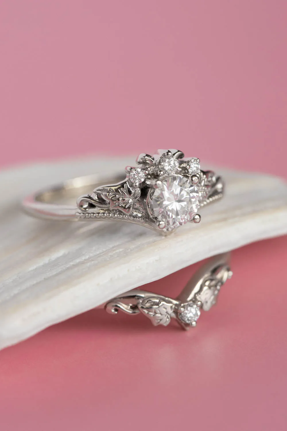 White gold lab grown diamond bridal ring set, gold leaves engagement and wedding rings / Ariadne