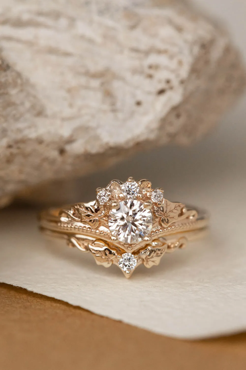 White gold lab grown diamond bridal ring set, gold leaves engagement and wedding rings / Ariadne