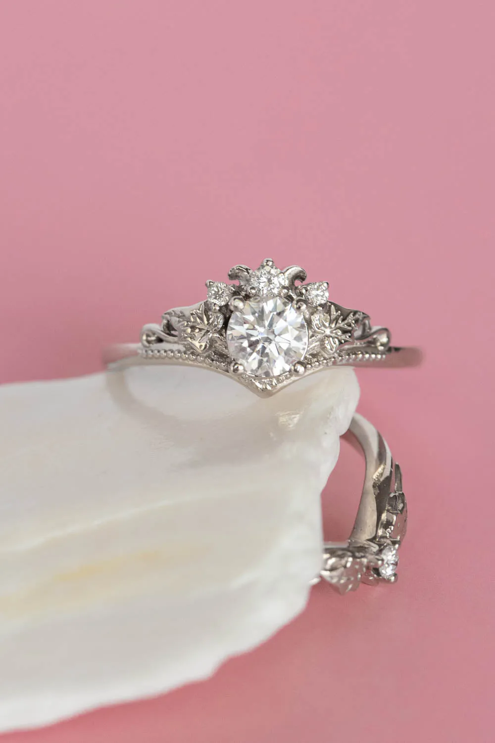 White gold lab grown diamond bridal ring set, gold leaves engagement and wedding rings / Ariadne